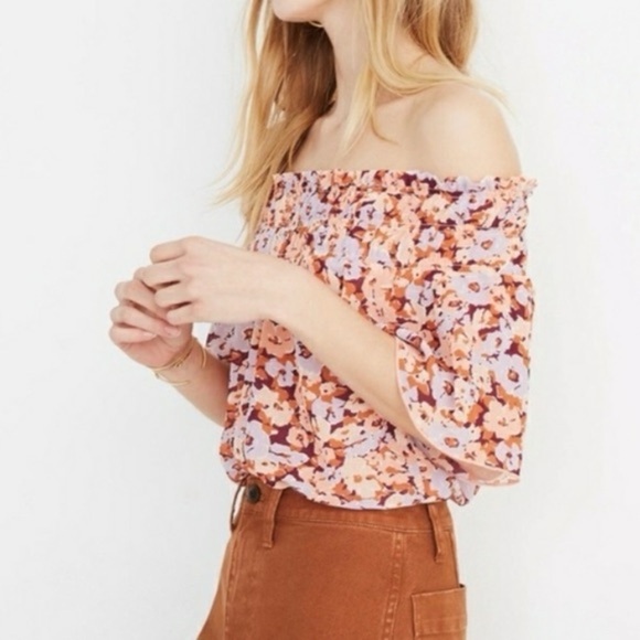 🏷️ 4/$25 Madewell Smocked Mockneck Off-Shoulder Top in Floral Breeze Size Small - Picture 1 of 11